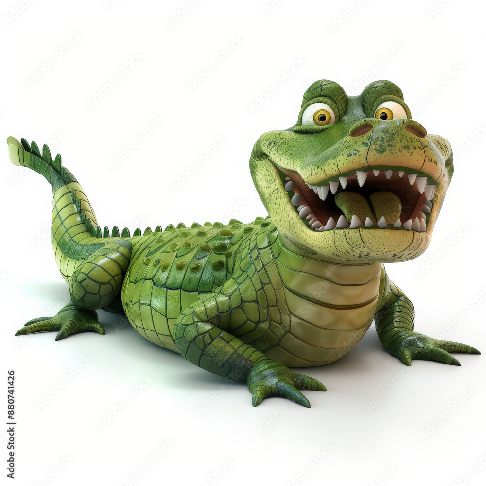 Fototapeta premium A cartoon 3D happy alligator with a big grin and sharp teeth, lying down with its tail curled, isolated on white background.