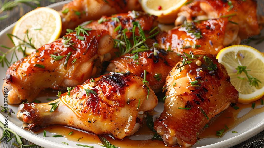 Baked chicken legs with lavender, honey and lemon in a plate. Baked chicken legs with lavender, honey and lemon in a plate.