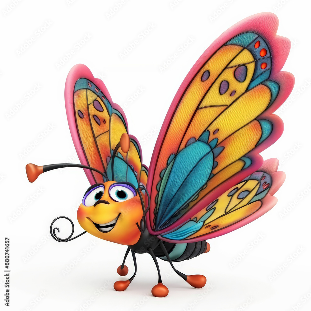 A cartoon 3D happy butterfly with colorful wings and a joyful look, flying, isolated on white background. A cartoon 3D happy butterfly with colorful wings and a joyful look, flying, isolated on white background.