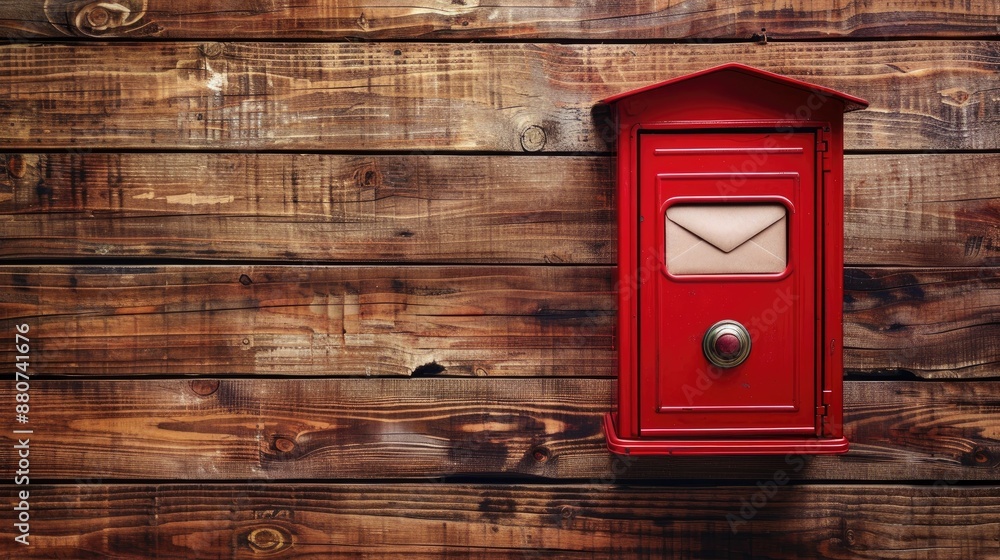 Red letter box with envelopes on wooden background space for text Red letter box with envelopes on wooden background space for text