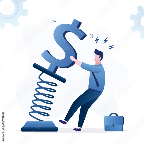 Businessman trader holding metal spring with unstable dollar sign. Currency volatility, investment and speculation risk, price fluctuation, uncertainty,