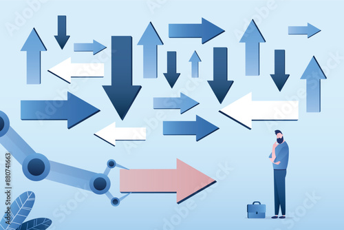Uncertainty concept. Chat bot help with decision making. Robot give big arrow for businessman, right way. Dilemma or complicated problem, lack of understanding.