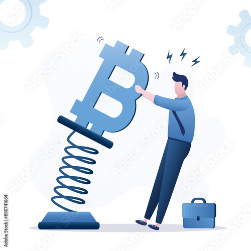 Businessman trader holding metal spring with unstable bitcoin. Cryptocurrency volatility, investment and speculation risk, price fluctuation, uncertainty