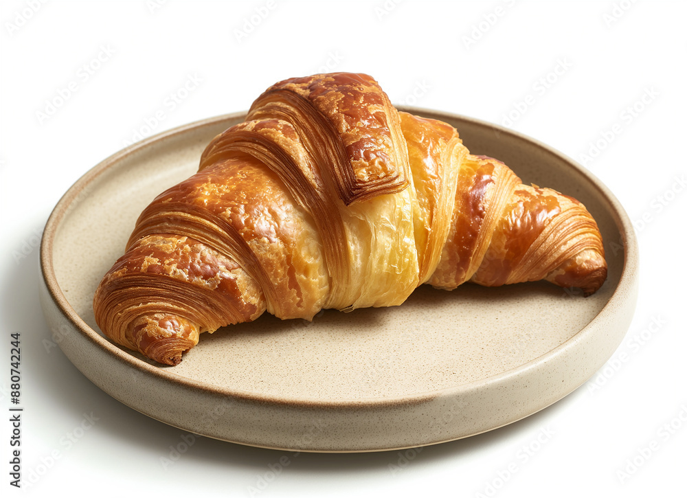 A croissant on a plate on a white table with a white background isolated A croissant on a plate on a white table with a white background isolated