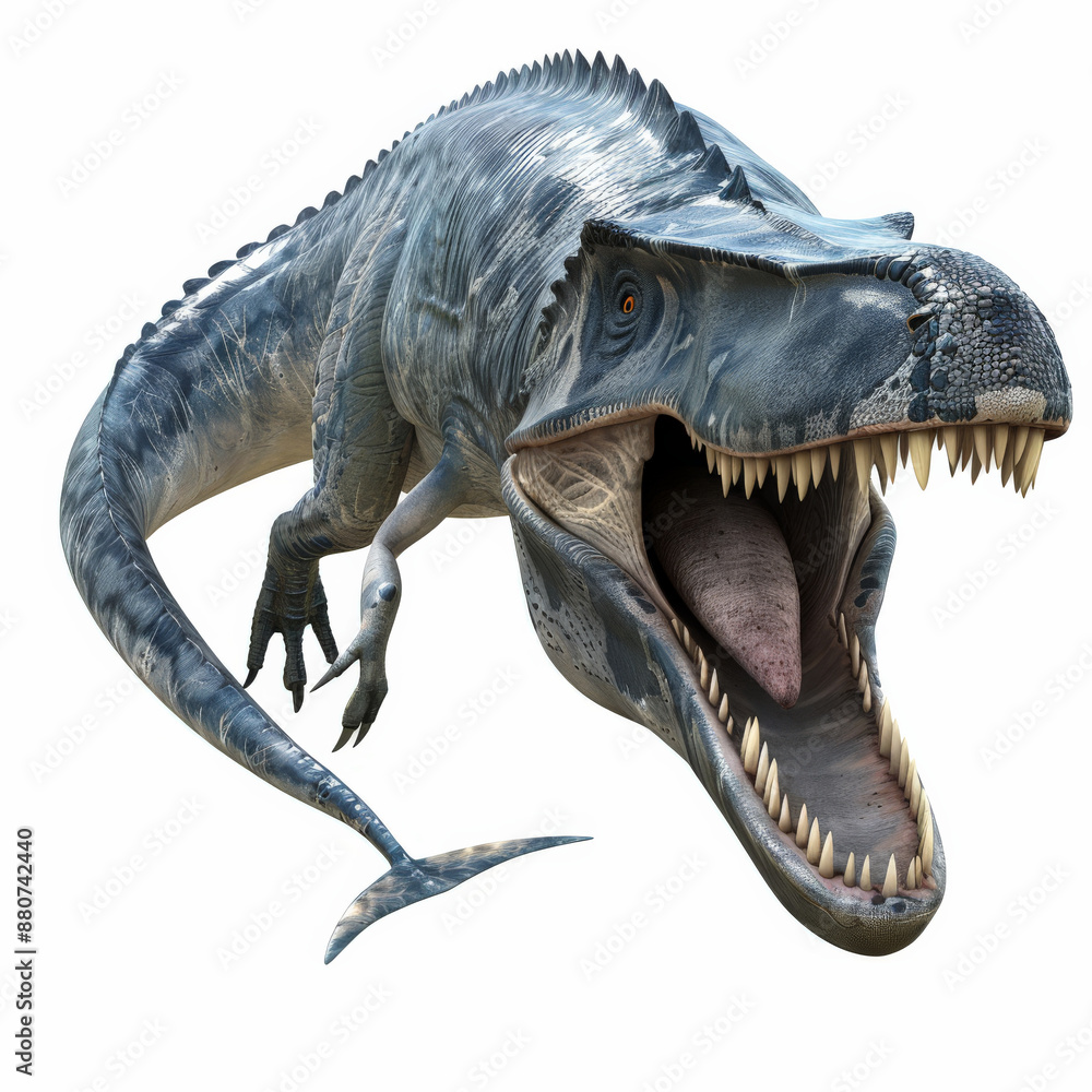 Naklejka premium A detailed Mosasaurus with its streamlined body and sharp teeth, looking fierce, isolated on white background.