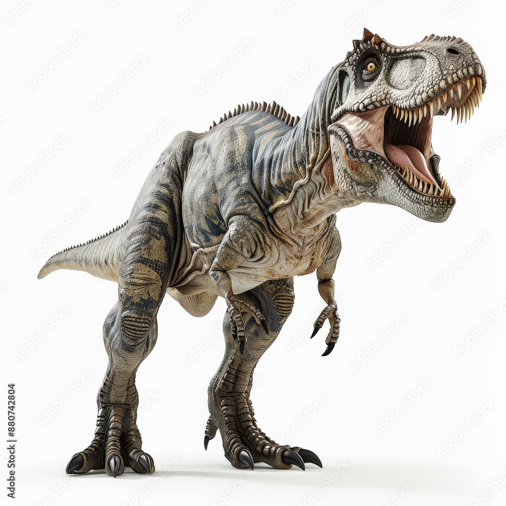 Fototapeta premium A formidable Allosaurus with its muscular build and sharp teeth, ready to strike, isolated on white background.