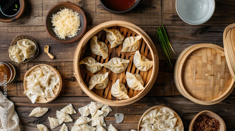 A flat lay of dumpling wrappers, filling ingredients, and a steamer basket on a wooden table A flat lay of dumpling wrappers, filling ingredients, and a steamer basket on a wooden table