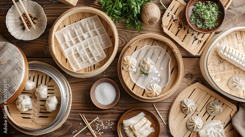 Fototapeta premium A flat lay of dumpling wrappers, filling ingredients, and a steamer basket on a wooden table