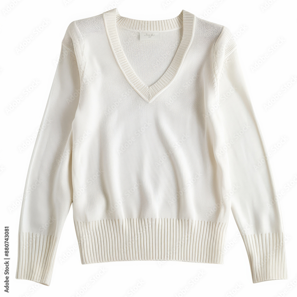 Obraz premium A comfortable white women's pullover sweater with a V-neck and ribbed cuffs, isolated on white background.