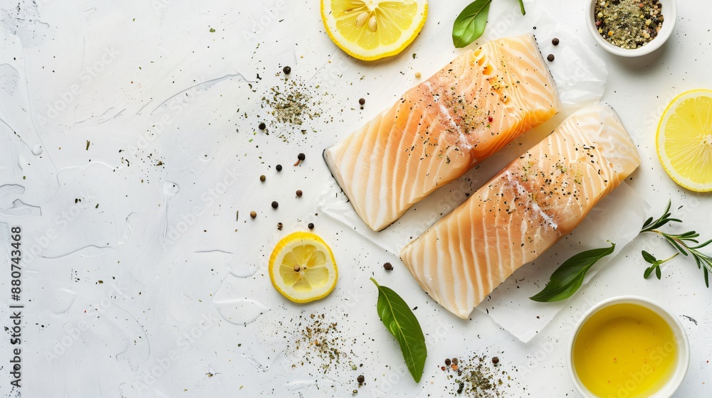 A flat lay of fresh fish fillets, lemon slices, and seasoning on a clean surface A flat lay of fresh fish fillets, lemon slices, and seasoning on a clean surface