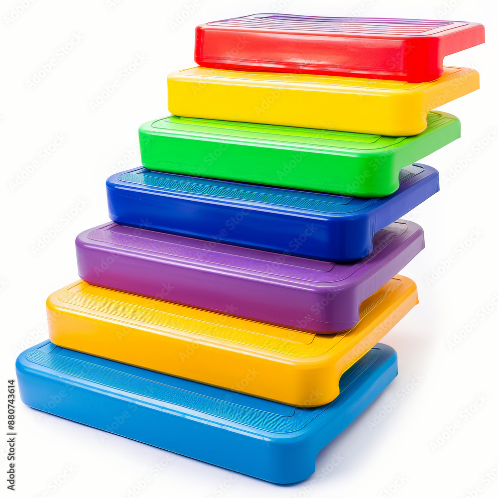 A set of colorful aerobic steps in different sizes, isolated on white background