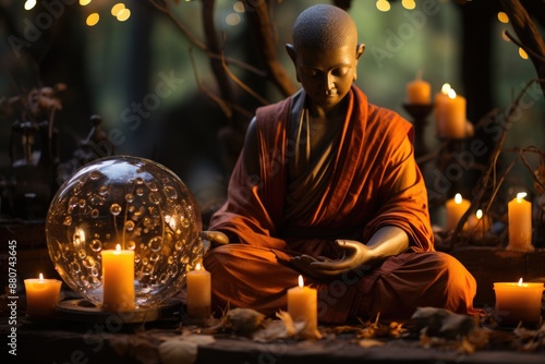 Buddha in meditation on a crystal ball, generative IA