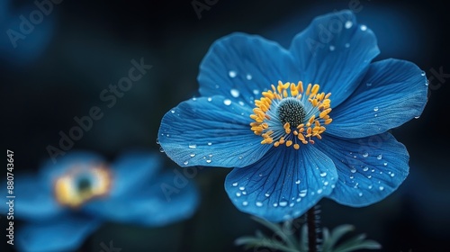 Close Up Photograph of Beautiful Blue Meidum Arwmaria Flower with Yellow Stamens on Black Background
 photo