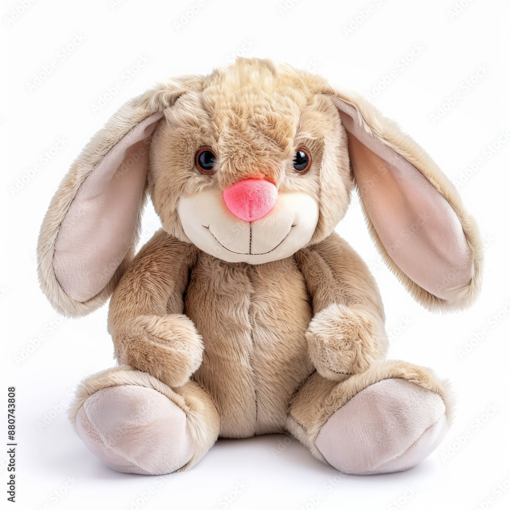 A cute and friendly-looking plush bunny with long ears and a pink nose, isolated on white background. A cute and friendly-looking plush bunny with long ears and a pink nose, isolated on white background.