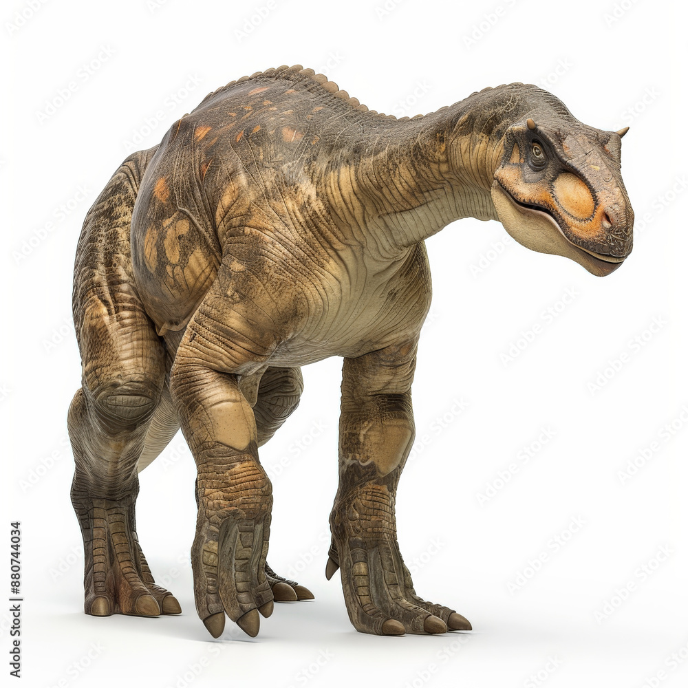 Fototapeta premium A peaceful Hadrosaurus with its herbivorous build and friendly appearance, grazing, isolated on white background.