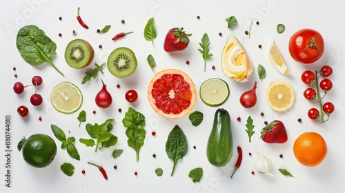 A flat lay of fresh seasonal fruits and vegetables