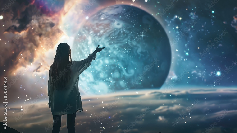 Fototapeta premium Woman Gazing at a Celestial Sphere