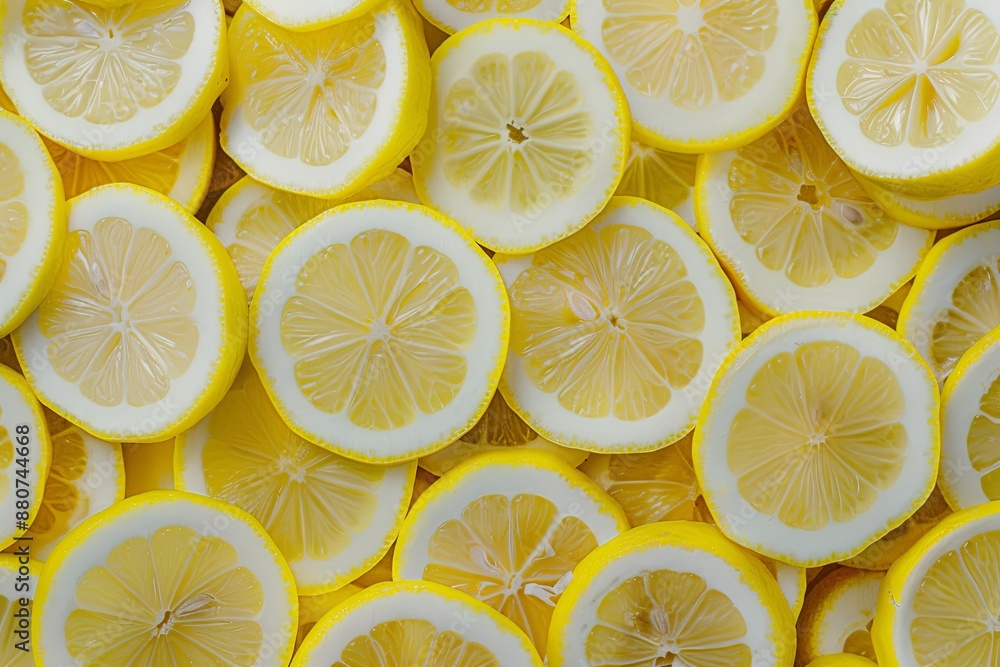 Bright yellow lemon slices arranged in an overhead view with visible seeds, creating a lively and refreshing visual effect. Translucent lemons cut into round and rectangular shapes 