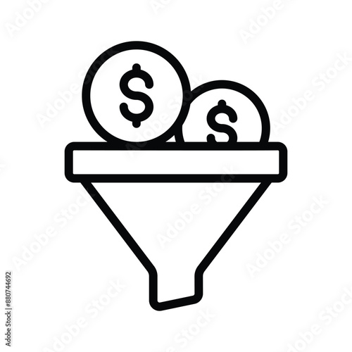 A funnel icon with dollar coins symbolizing the conversion of inputs into revenue
