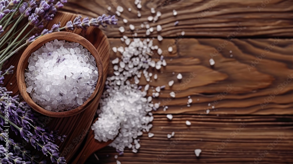 Spa setting with sea salt and lavender on wooden backdrop Spa setting with sea salt and lavender on wooden backdrop