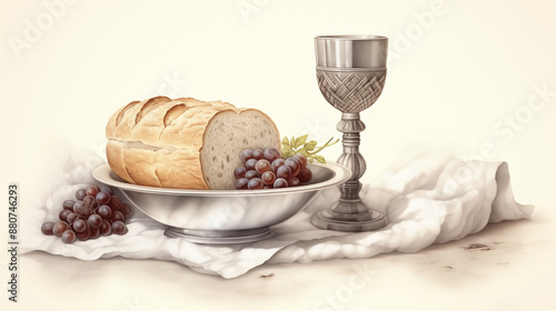 Christian religion, communion is holy sacrament where bread symbolizes body of Jesus Christ and wine represents his blood, commemorating his sacrifice for humanity. religion, communion, bread, holy.