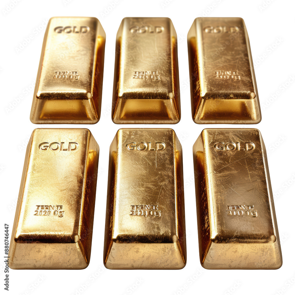 Six gold bars arranged in two rows , isolated on white background, transparent background Six gold bars arranged in two rows , isolated on white background, transparent background