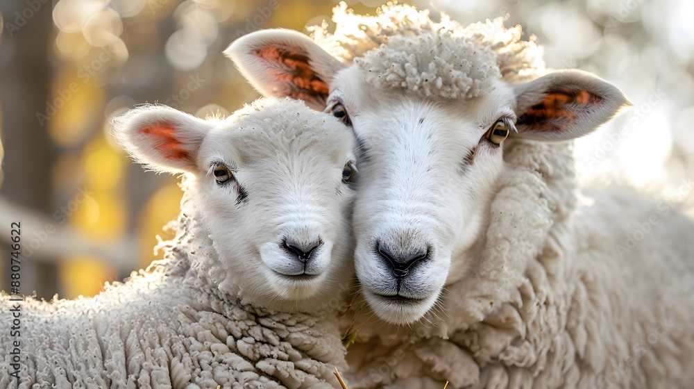 A mother sheep and her lamb, both with pure white wool, cuddle together in the barnyard on Easter morning. A mother sheep and her lamb, both with pure white wool, cuddle together in the barnyard on Easter morning.