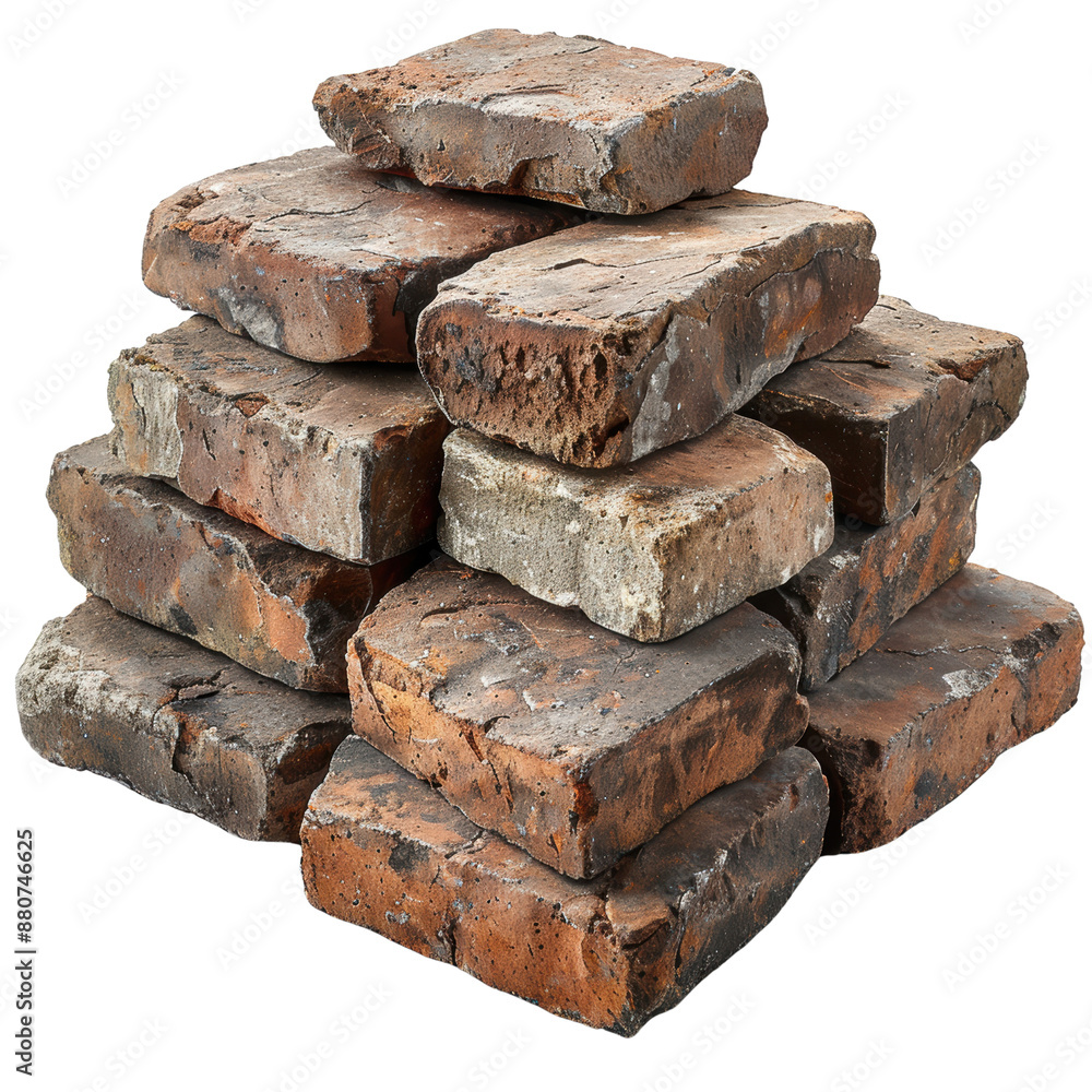 A stack of weathered red bricks arranged irregularly isolated on white background, transparent background A stack of weathered red bricks arranged irregularly isolated on white background, transparent background
