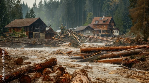 Aftermath of a devastating flood debriscovered landscape with damaged houses photo