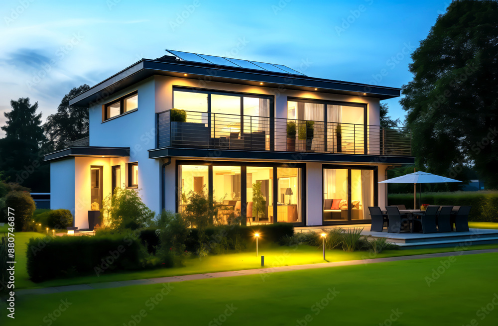 Solar panels on building in twilight, its interior and exterior lights casting warm and inviting glow. Concept of energy-efficient eco house, contemporary architecture and sustainable living Solar panels on building in twilight, its interior and exterior lights casting warm and inviting glow. Concept of energy-efficient eco house, contemporary architecture and sustainable living