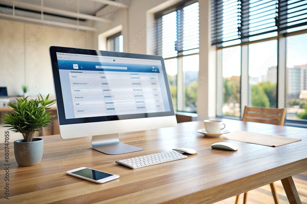 A modern desk with a computer screen displaying a digital loan application, a stylus lies adjacent, awaiting approval, on a tidy workspace with a blurred background. A modern desk with a computer screen displaying a digital loan application, a stylus lies adjacent, awaiting approval, on a tidy workspace with a blurred background.