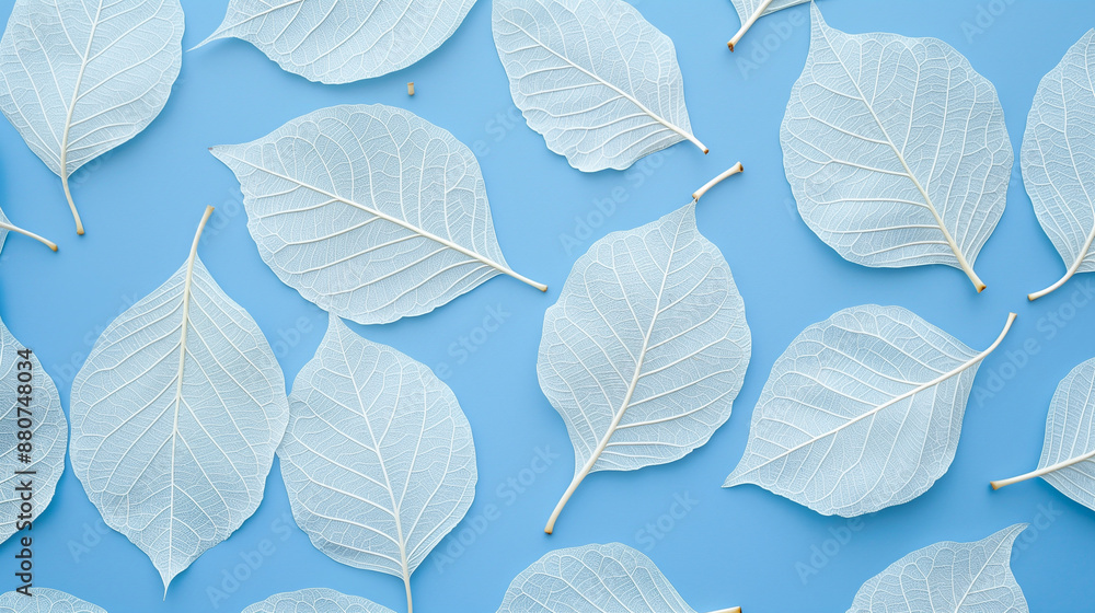 Delicate clear leaves with a natural pattern of veins on a blue background. Close-up view. Delicate clear leaves with a natural pattern of veins on a blue background. Close-up view.