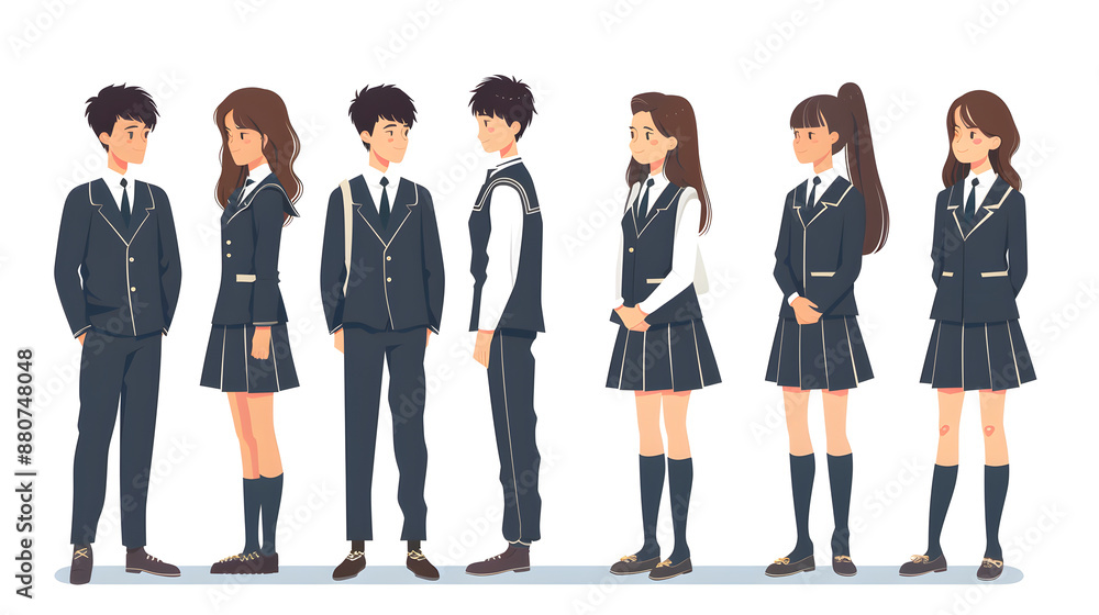 Obraz premium High school students in uniform fill the bustling hallways as they head to their classes.Each student wears the school’s distinct uniform, creating a sense unity and pride.Groups friends walk together
