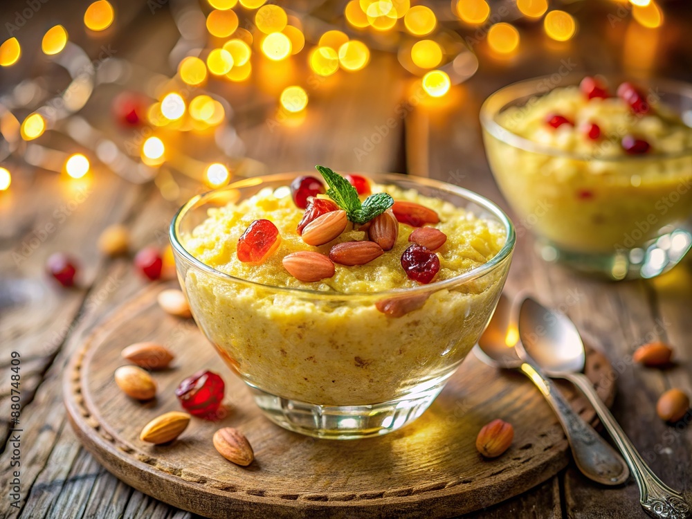 Vibrant golden rice pudding decorated with candied fruits and nuts, surrounded by twinkling fairy lights, and set against a soft, blurred bokeh background. Vibrant golden rice pudding decorated with candied fruits and nuts, surrounded by twinkling fairy lights, and set against a soft, blurred bokeh background.