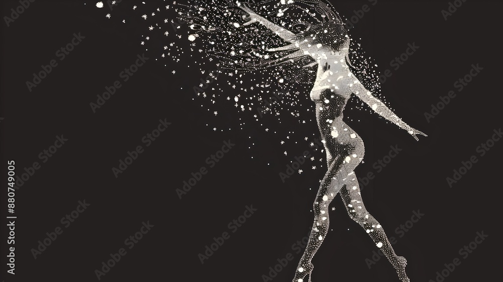 Fototapeta premium Whimsical Silhouetted Figure Dancing Among Stars in Cosmos