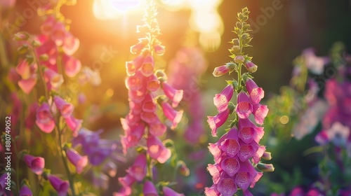 Delicate pink foxgloves bloom in the warm sunlight photo