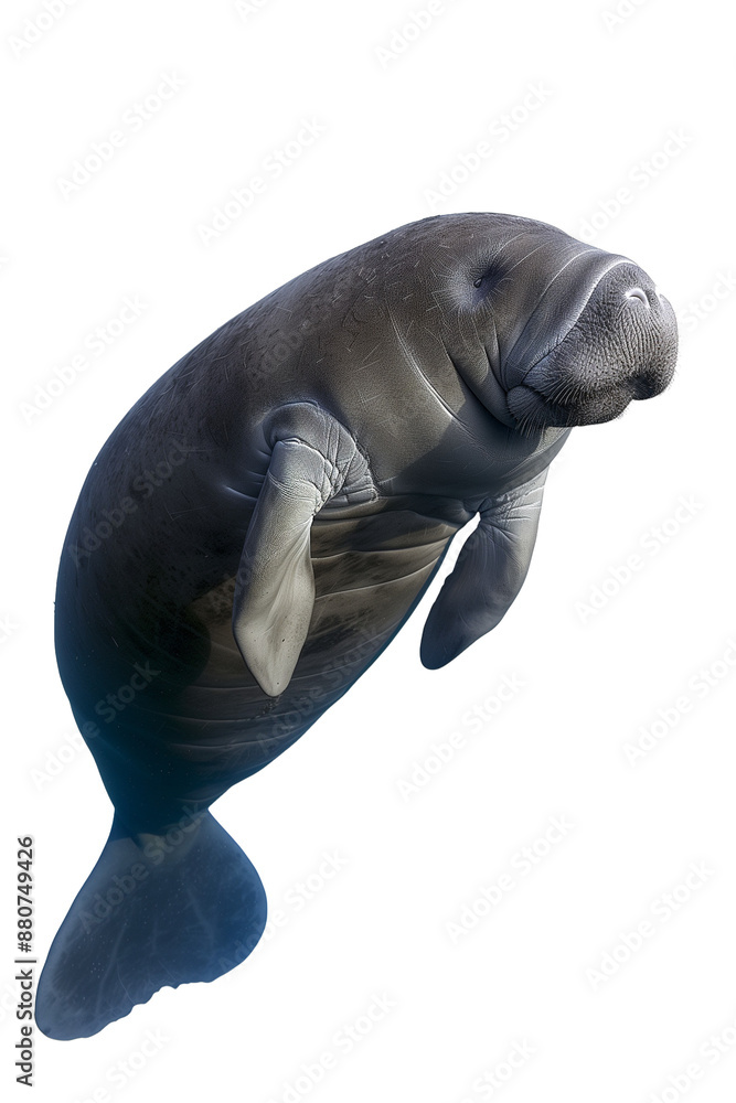 Fototapeta premium Manatee swimming, transparent white background, isolated.