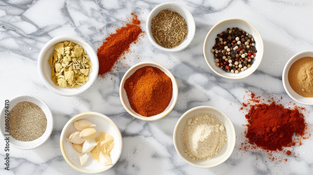 A flat lay of various spices in small bowls and jars, including cumin, paprika, and turmeric on a marble surface A flat lay of various spices in small bowls and jars, including cumin, paprika, and turmeric on a marble surface