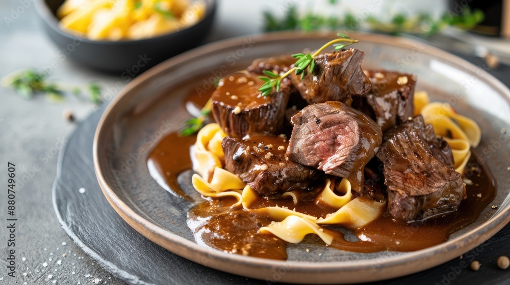 Slow cooked German Wagyu beef roulades with pasta in spicy gravy on a Nordic plate with copy space Slow cooked German Wagyu beef roulades with pasta in spicy gravy on a Nordic plate with copy space
