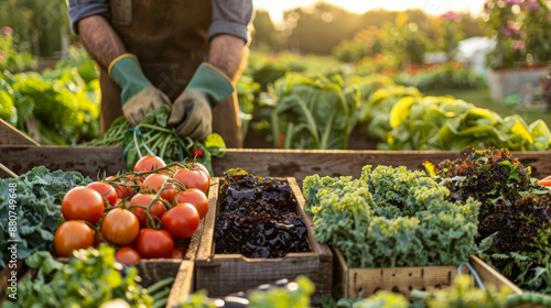 Farmer harvesting fresh vegetables in an organic farm.