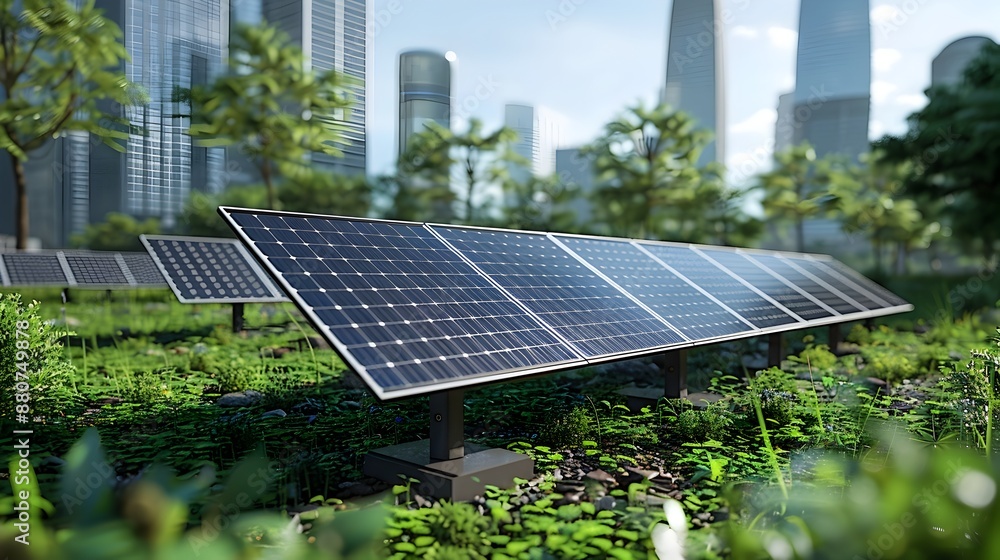 Fototapeta premium Solar Panels Powering Sustainable Urban Skyline with Skyscrapers and Green Landscape