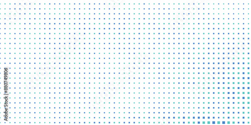 Abstract curved dotted surface with halftone effect by blue and turquoise small squares. Vector graphic pattern