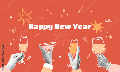 Happy new year collage with halftone hands holding doodle glasses of champagne and cocktails. Decorative stars and confetti on red background. Trendy Christmas vector illustration. Holiday banner.