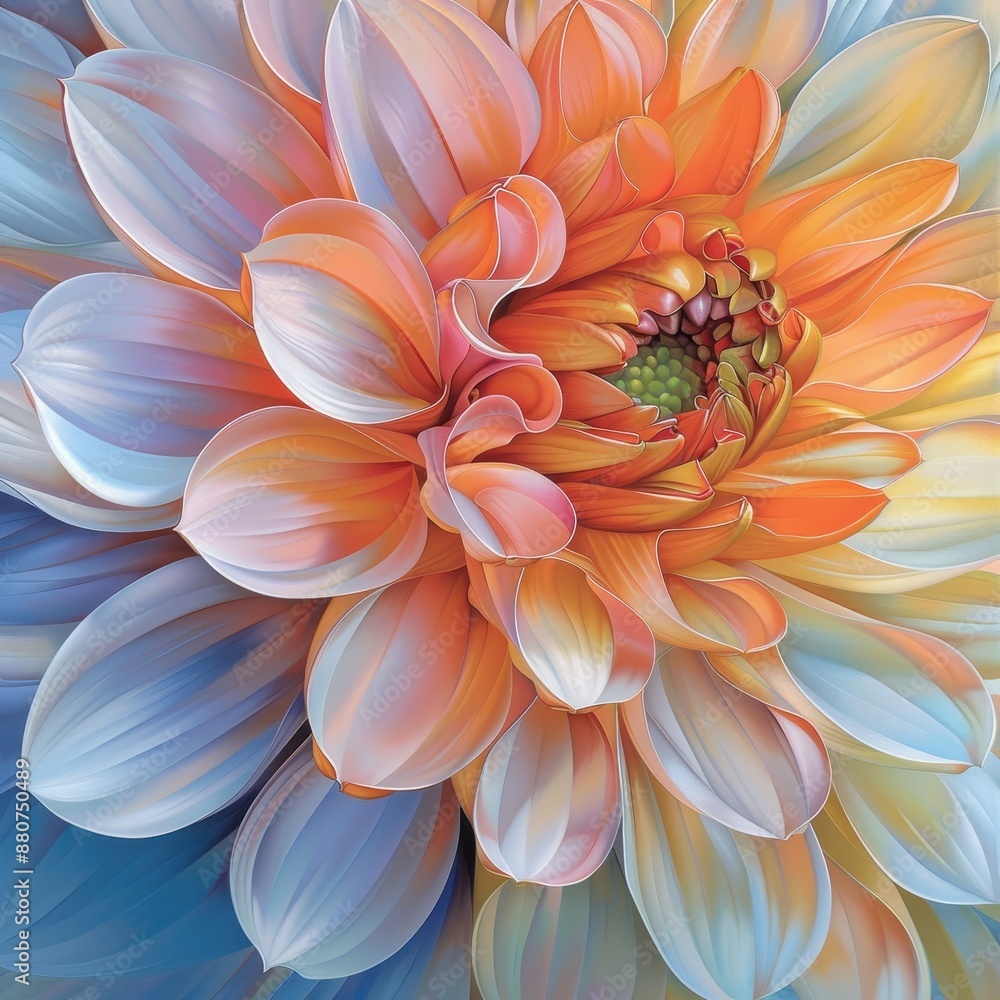 A close-up of a vibrant, multicolored dahlia flower with petals in shades of orange, pink, and blue, showcasing intricate patterns and details. A close-up of a vibrant, multicolored dahlia flower with petals in shades of orange, pink, and blue, showcasing intricate patterns and details.