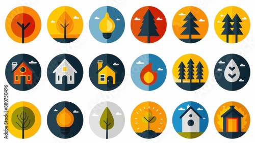 Set of colorful vector icons featuring trees, houses, and outdoor elements in modern flat design style, ideal for various projects.