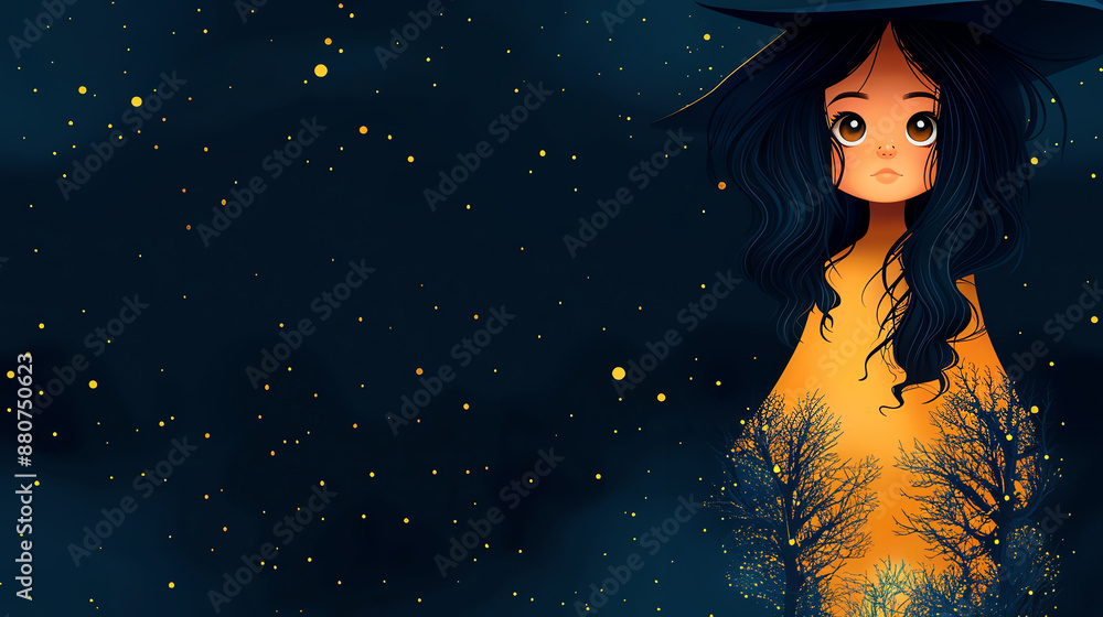 A young witch gazes out from under her hat, surrounded by a starry night sky. A young witch gazes out from under her hat, surrounded by a starry night sky.