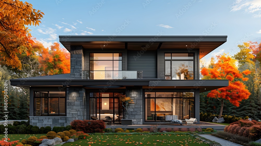 A sleek, modern two-story house with grey paneling and stone accents, featuring large windows that showcase the interior design of an urban home during autumn. A sleek, modern two-story house with grey paneling and stone accents, featuring large windows that showcase the interior design of an urban home during autumn.