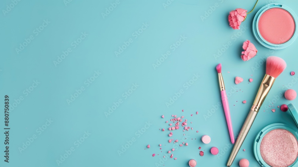 Pink makeup brush and cosmetics on blue background with copy space Pink makeup brush and cosmetics on blue background with copy space