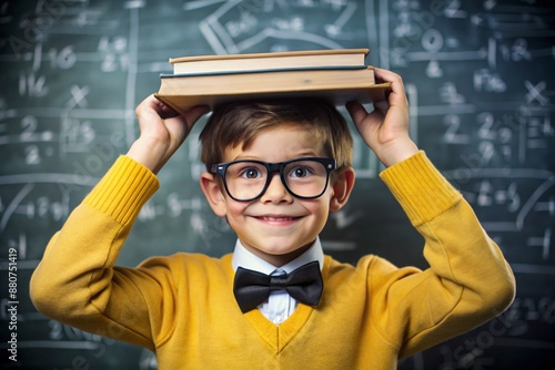 A cute boy with glasses and books on his head. The child goes to school for the first time. A child in the classroom on the background of a blackboard. Back to school.