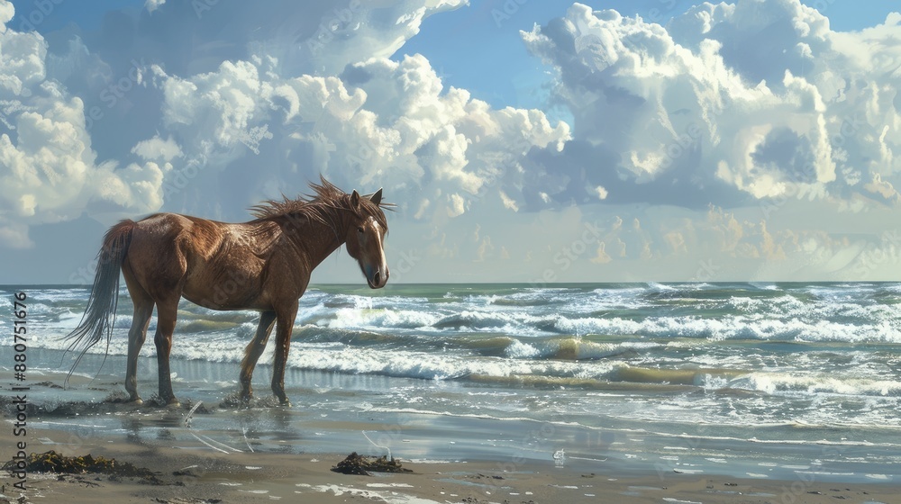 Two horses on sandy beach with waves in background Text space available Two horses on sandy beach with waves in background Text space available